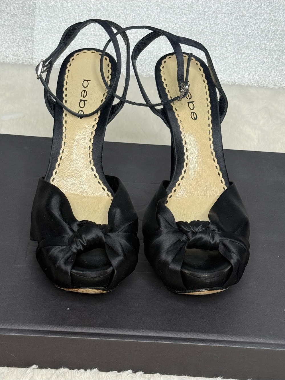 bebe Black Knotted Peep-Toe Ankle Strap Heels - Picture 8 of 11